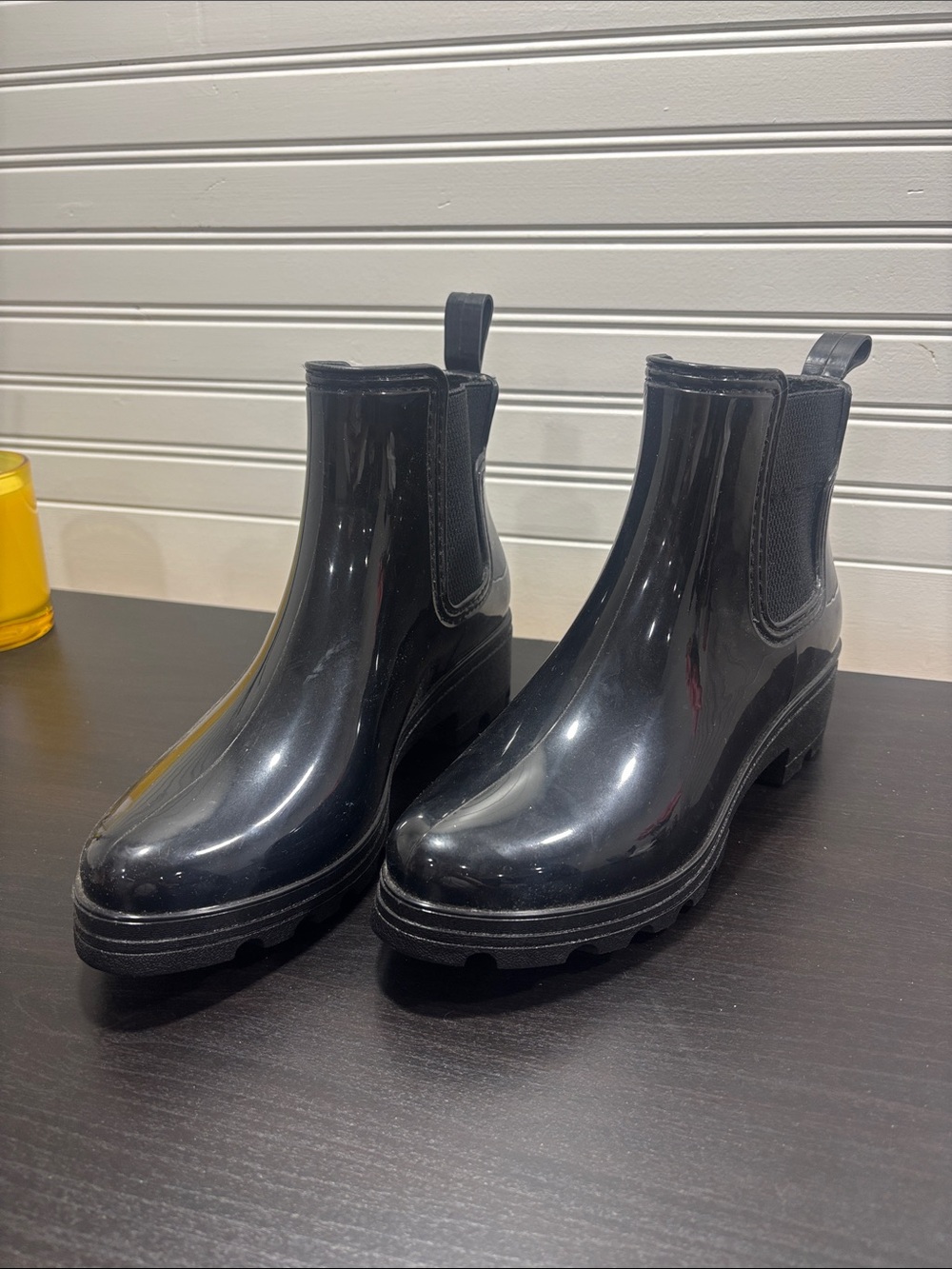 Seven7 Black Glossy Chelsea Rain Ankle Boots